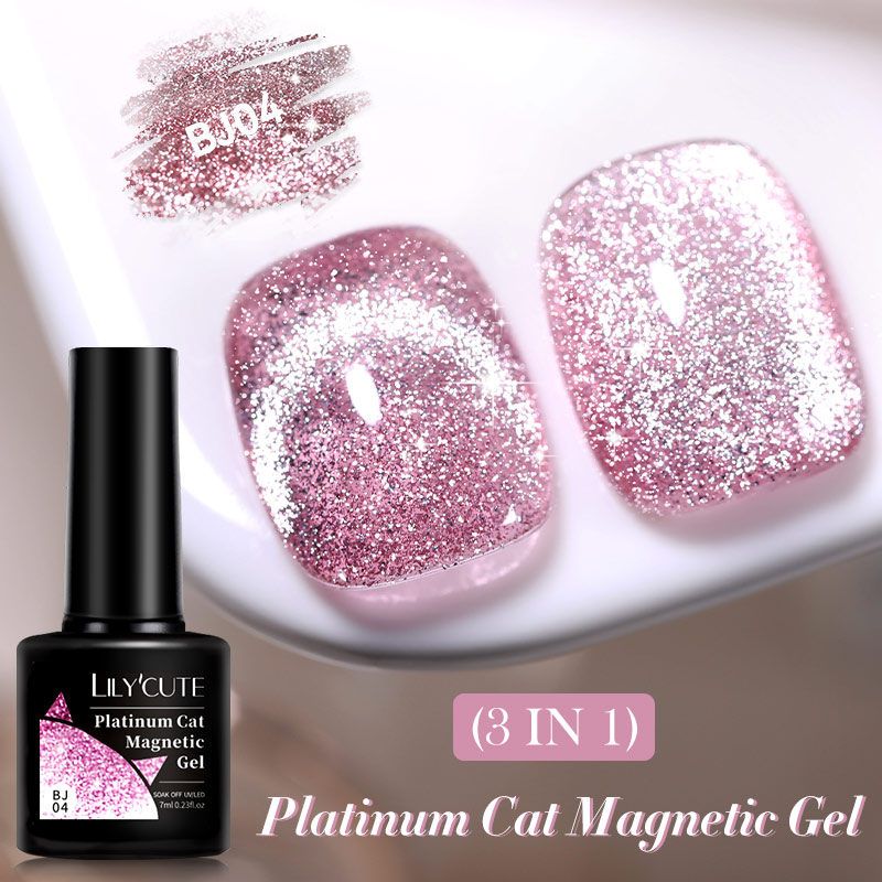 LILYCUTE 7ML 3 IN 1 Platinum Rose Gold Cat Magnetic Gel เล็บ Moonlight Magnetic Gel เคลือบเงา Glitter กึ่งถาวร UV เจล