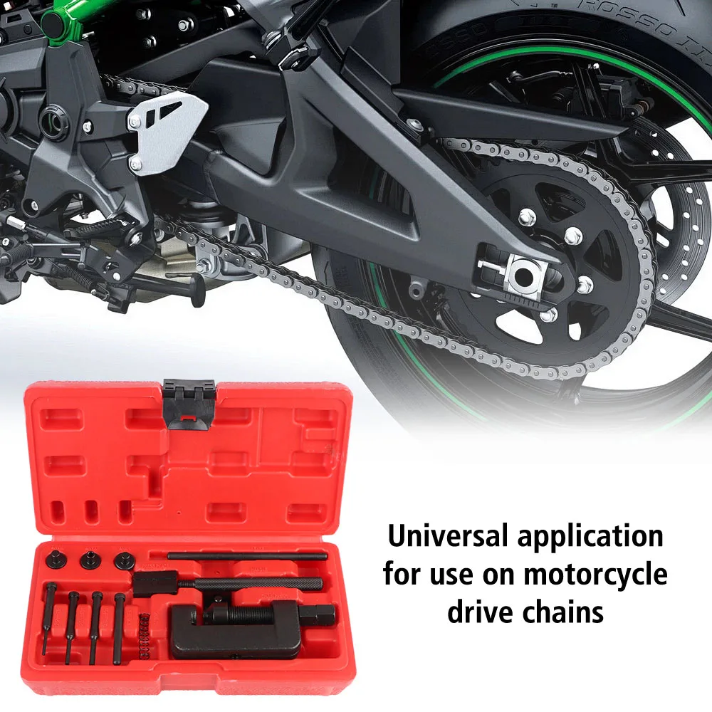 Juego de rebitador de eslabones divisores, Kit de herramientas de reparación de remachado, resistente para motocicleta y bicicleta con caja roja, interruptor de cadena de transmisión de leva, 13 Uds.