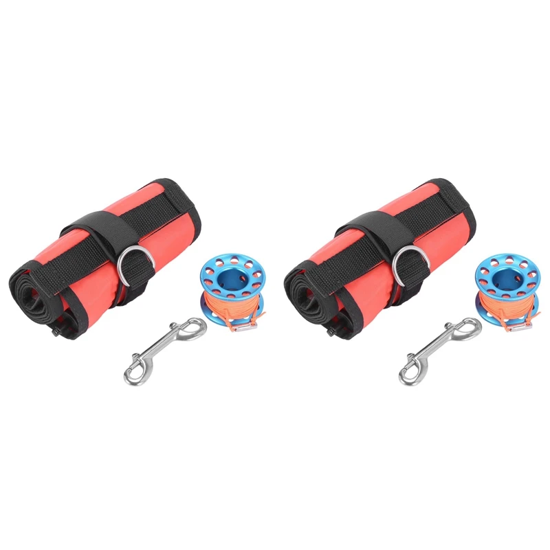 2025 New-2X Surface Marker Buoy Set Diver Below Signal Flag Tube With 15M Spool Reel Scuba Diving Equipment For Diving Scuba