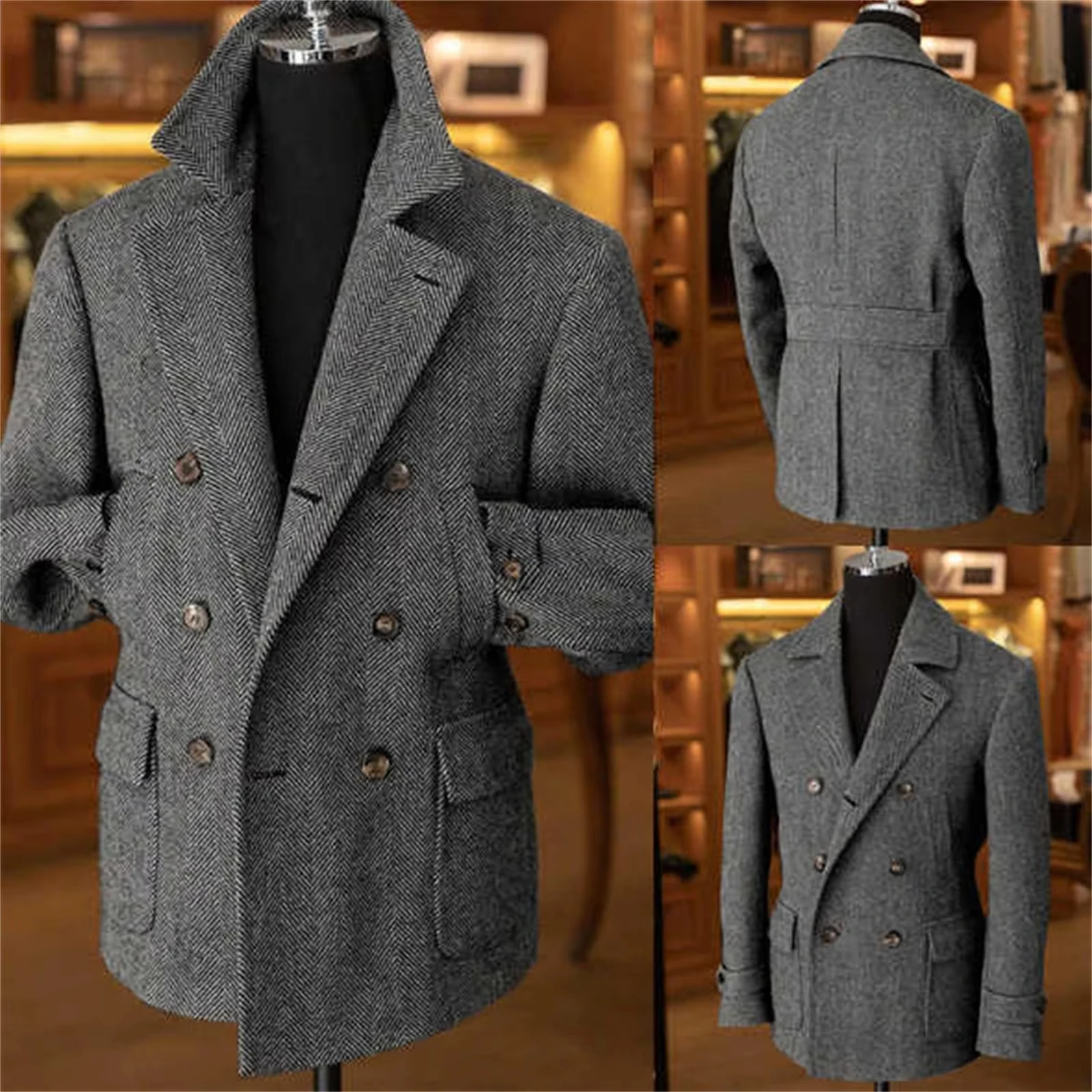 Męskie marynarki w stylu vintage z tweedu w jodełkę, eleganckie kurtki z mieszanki wełny, dwurzędowe, codzienne z paskami, płaszcze sportowe.