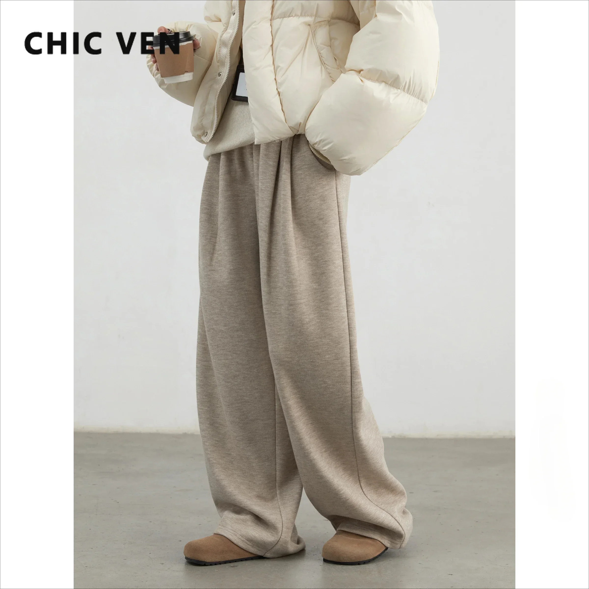 CHIC VEN Frauen Hosen Neue Hohe Taille Gefaltete Beiläufige Weiche Breite Bein Hose Weibliche Verdicken Hosen Sport Solide Plüsch Winter 2024