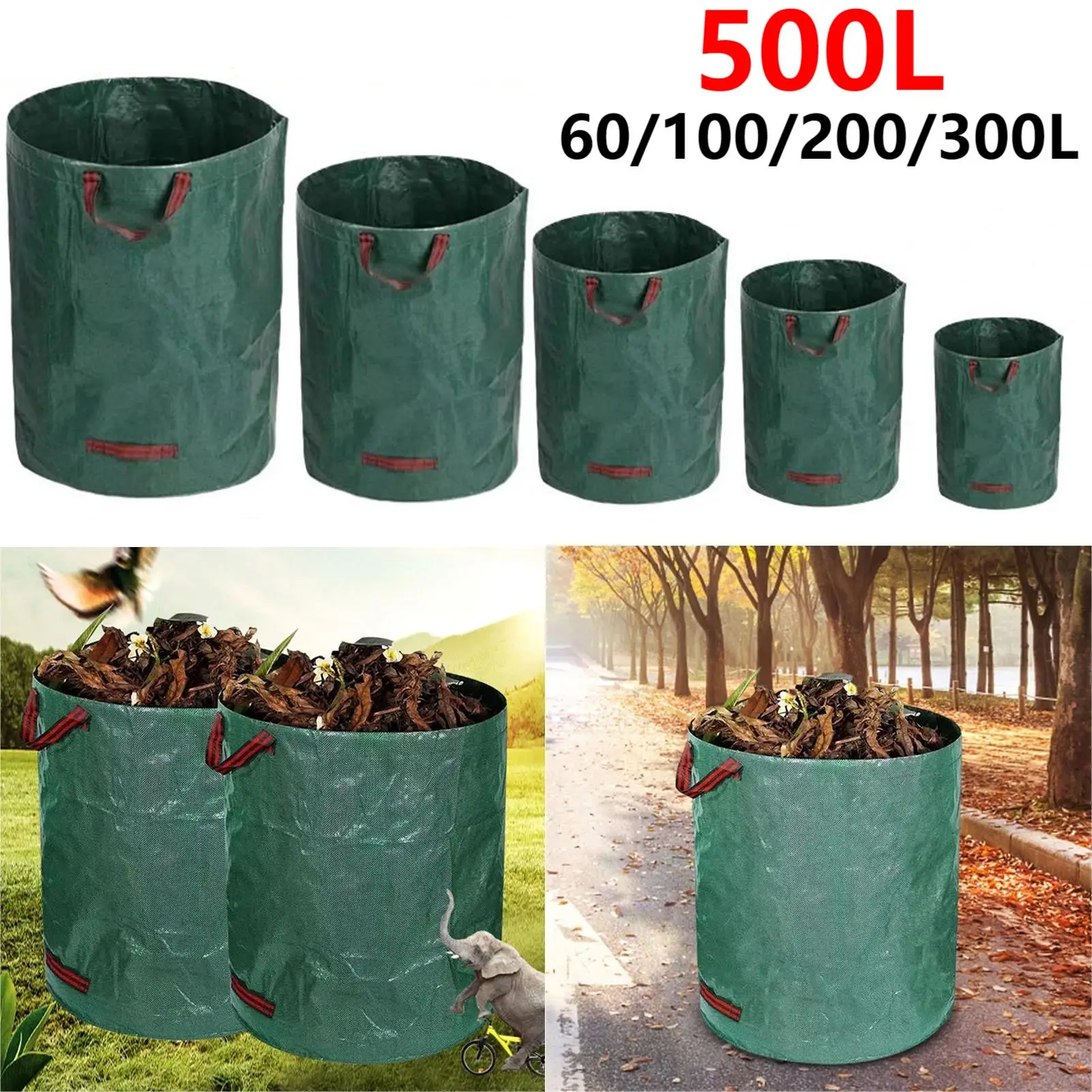 Bolsa de residuos de jardín de gran capacidad, saco de hojas impermeable reutilizable, contenedor de cubo de basura de hierba para patio, bolsa de almacenamiento de hojas, 500L