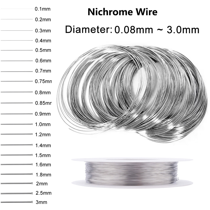 Cable calefactor de 1-50M, 0,08-3mm de diámetro, alambre de nicromo, cables de resistencia de espuma de corte, hilo calefactor de aleación, bobinas calefactoras eléctricas de nicromo