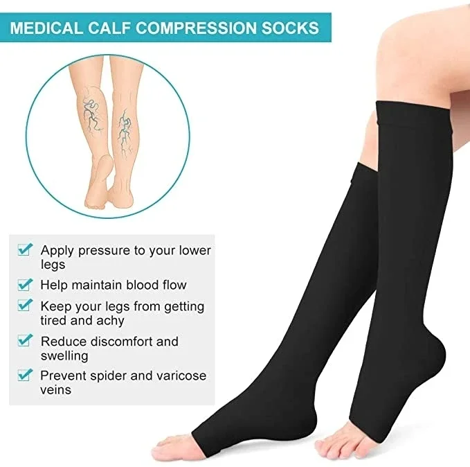 Medias médicas de compresión para pantorrilla, medias de presión graduadas para dar forma a las venas varicosas, medias elásticas con punta abierta hasta la rodilla, S-XL