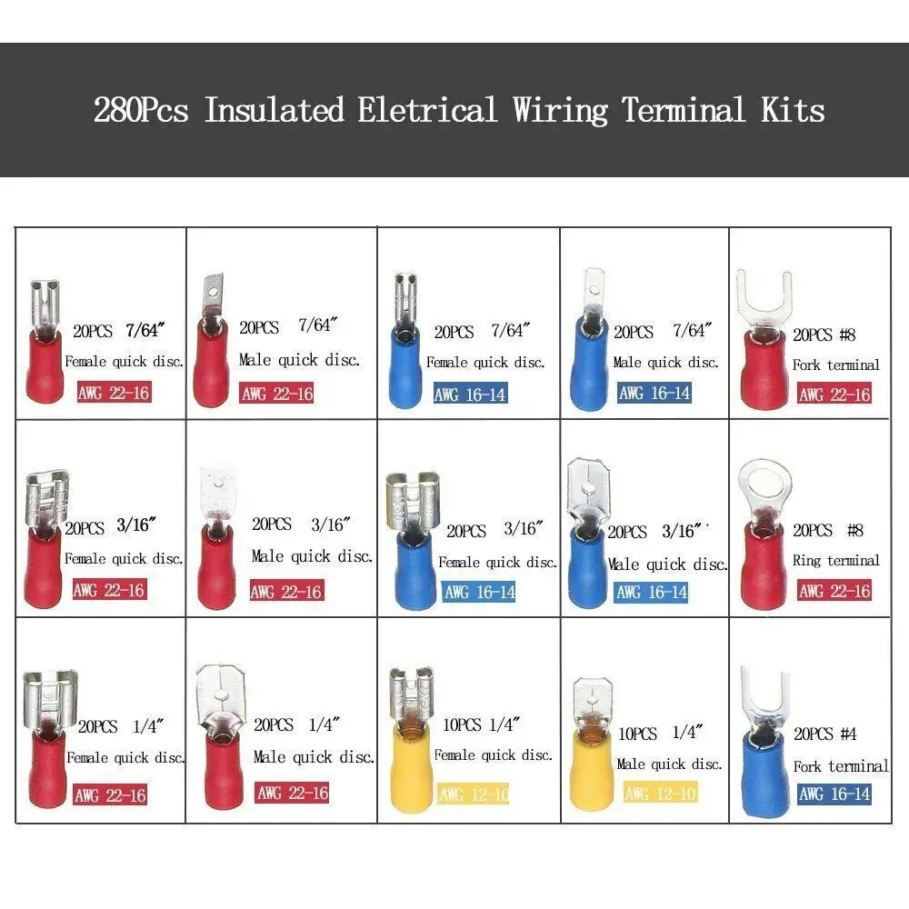 280pcs Wire Connector Kit Male Female Insulated Terminals Cold Crimp Terminals Assorted Crimp Terminals Spade Butt Connector Kit