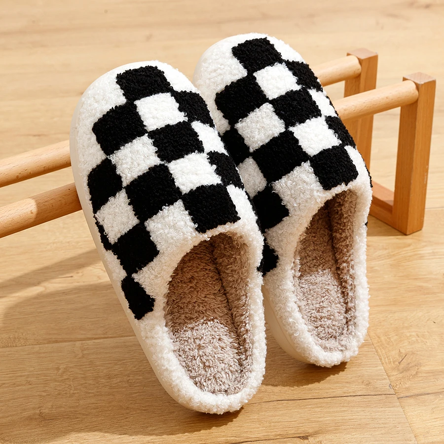 ใหม่ Fuzzy รองเท้าแตะแฟชั่น Checker เย็บปักถักร้อยในร่ม Houseshoes ผู้หญิงสบายฤดูหนาว Fluffy House Retro Checkered พิมพ์รองเท้า