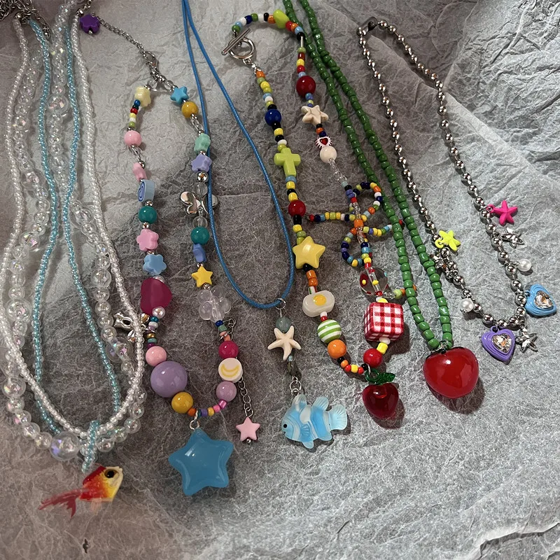 Gargantilla bohemia Kpop con colgante de borla de estrella de azúcar colorida para mujer, cadena de corazón de amor dulce, accesorios de joyería estéticos Y2K