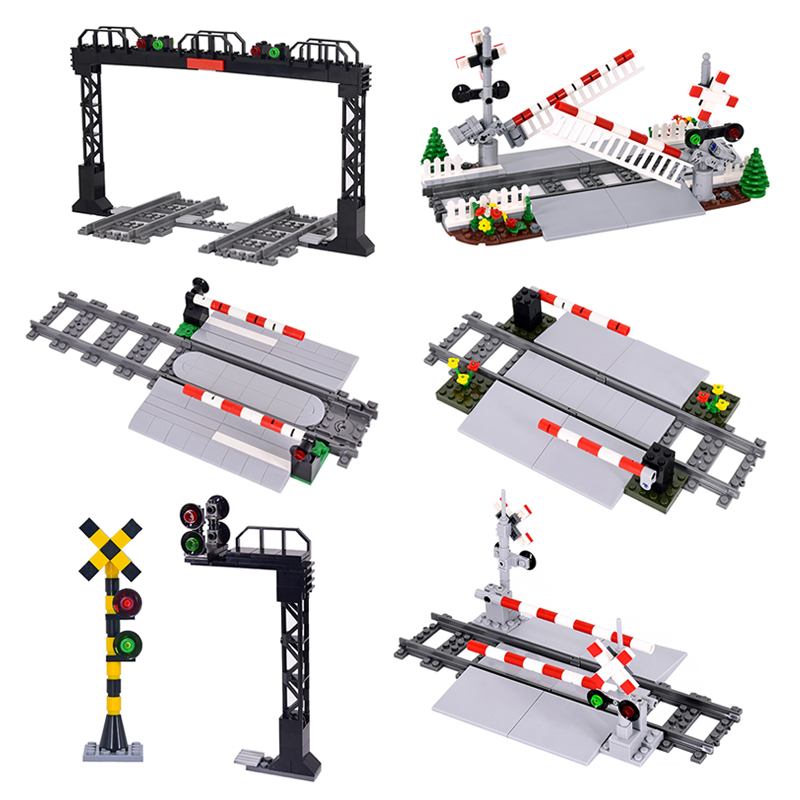 MOC Creative Expert City Train feux de circulation garde-corps croisement chemin de fer Express briques blocs de construction bricolage jouets pour enfants cadeaux