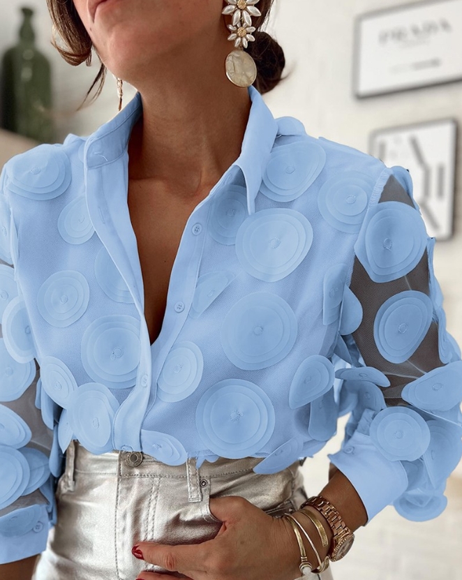 Blusas elegantes holgadas con botones informales para mujer, Top de manga larga con estampado Floral a la moda, diseño de parche de malla semitransparente