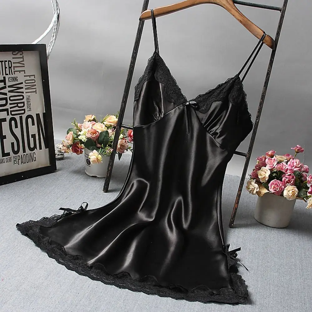 Sexy renda retalhos camisola lingerie noite vestido de seda de casamento sleep wear camisola roupas femininas sexy nightwear