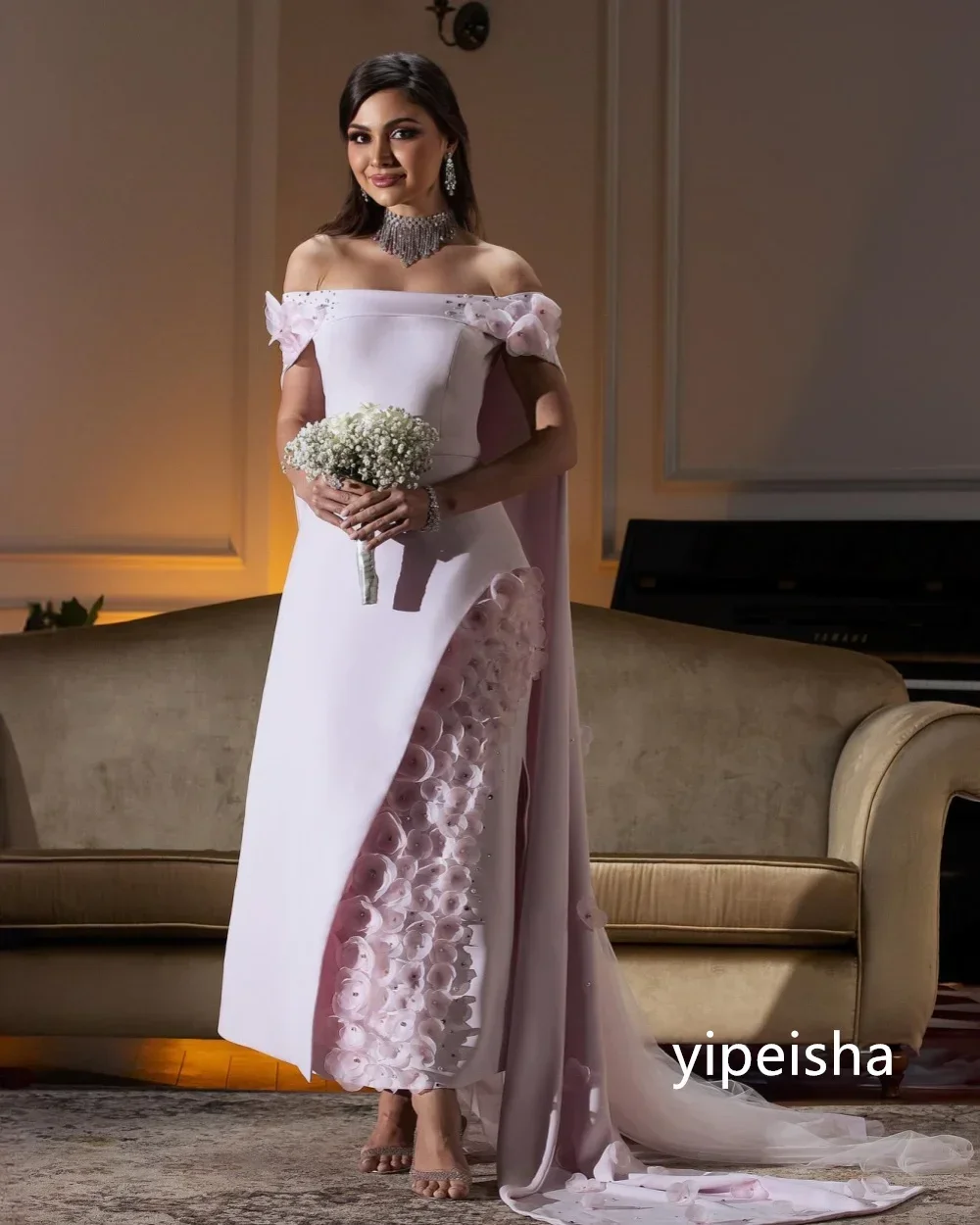 Personalizado intrincado jérsei flor a linha fora do ombro midi vestidos de baile clássico requintado estilo moderno pastrol queixo