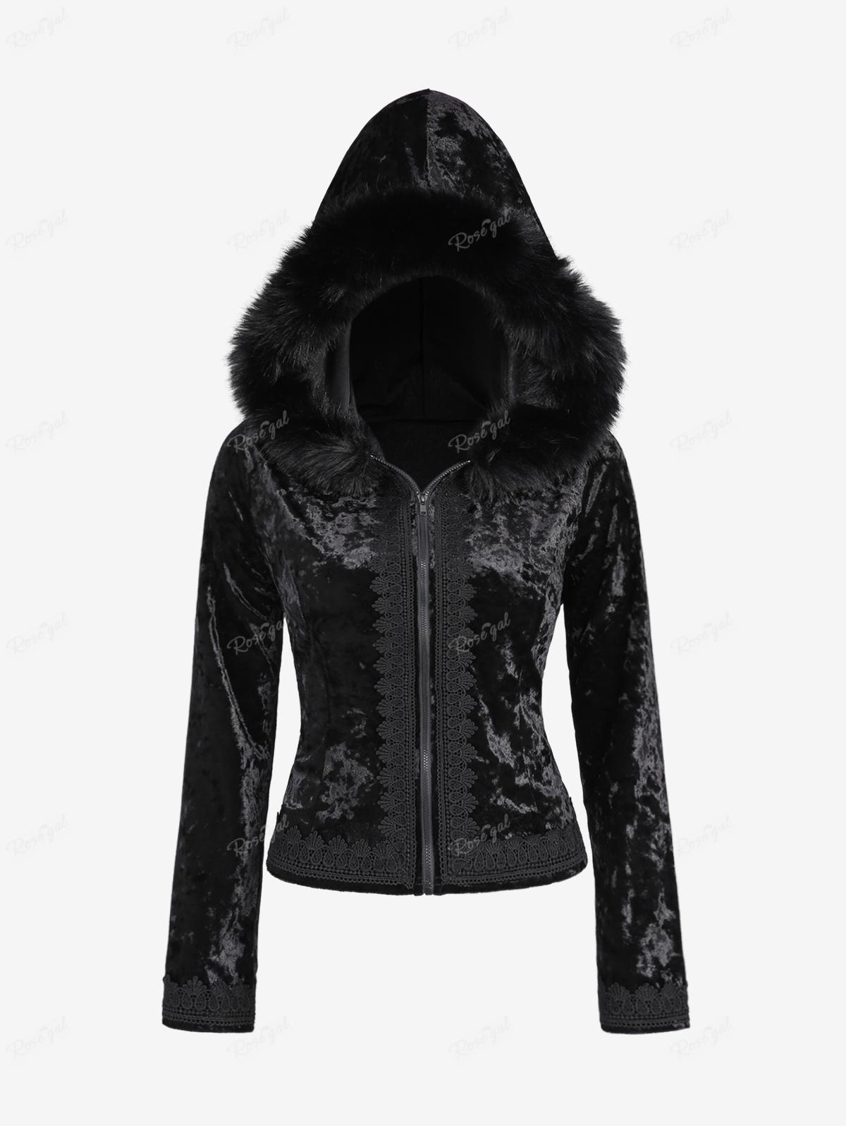 ROSEGAL Gothic-Pelzmäntel in Übergröße, schwarz, durchgehender Reißverschluss, Applikationspanel, Pelzbesatz, flauschiger Kragen, lange Ärmel, Samtmantel, Oberbekleidung