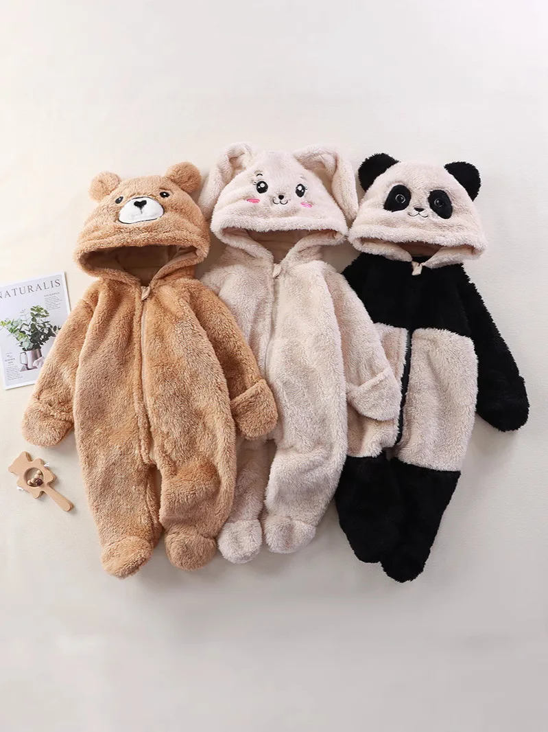 2025 Autumn Winter Baby Romper Cartoon Fluffy Panda Rabbit Bear Jumpsuit  Boys Girls Soft Warm Cotton Outwear Clothes