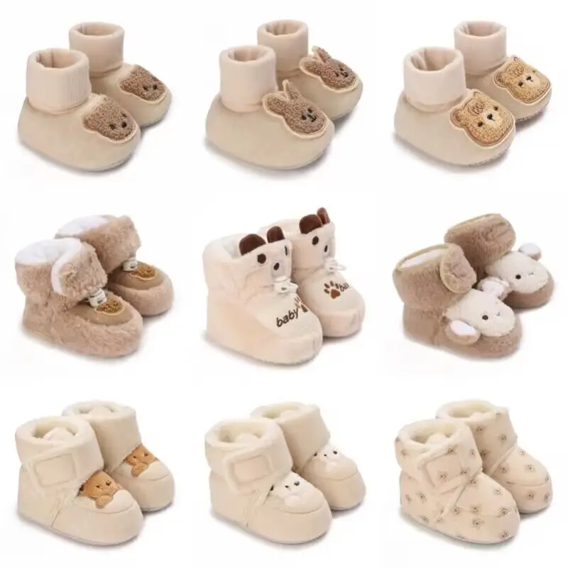 Desenhos animados todos os algodão damasco colorido urso bebê sapatos de algodão com isolamento de pelúcia e solas macias para sapatos de caminhada do bebê