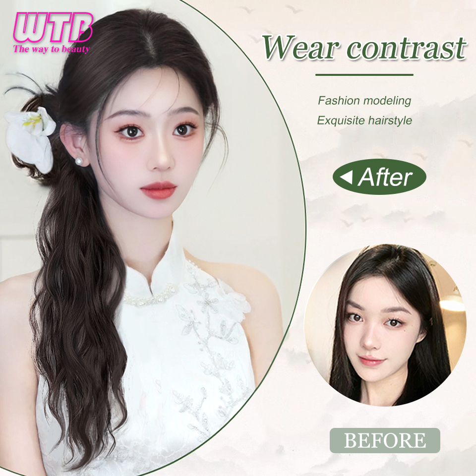 Wtb-合成ポニーテールウィッグ,女性用,サイドウェーブウィッグ,ローポニーテール,魅力的なふわふわのかつら,ヘアクリップ