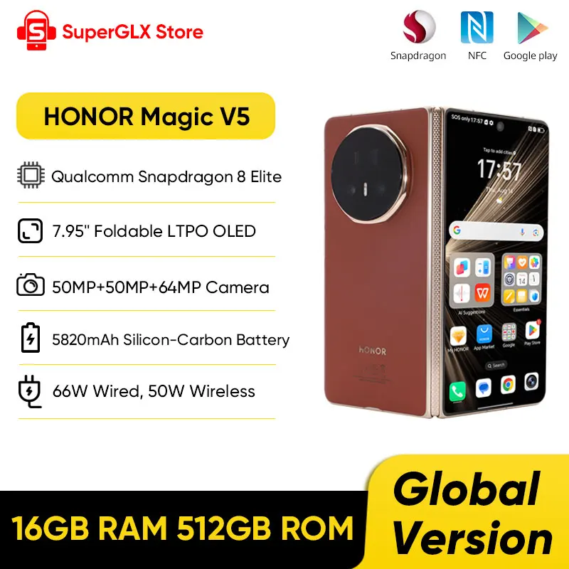 【Brand+】HONOR Magic V5 รุ่น Global รองรับ 5G หน้าจอพับได้ LTPO OLED 120Hz ขนาด 7.92 นิ้ว กล้อง 50MP ชิปเซ็ต Snapdragon 8 Elite แบตเตอรี่ 5820mAh รองรับชาร์จเร็ว 66W