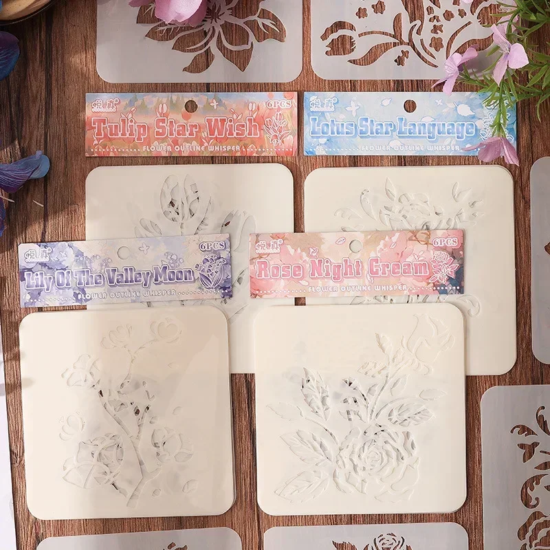 6pcs/set Retro Aesthetic Floral Stencils Scrapbook Journal Stencils for Painting Mini Portable Wall Plastic Stencil Templates