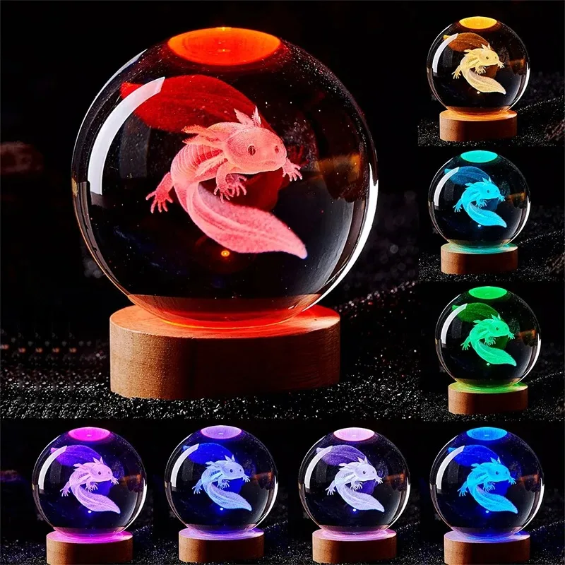 3D Axolotl เลเซอร์แกะสลักคริสตัลบอลสี Night Light,แฟนเพื่อนร่วมชั้นภรรยาเด็กของขวัญวันเกิดตกแต่งบ้าน