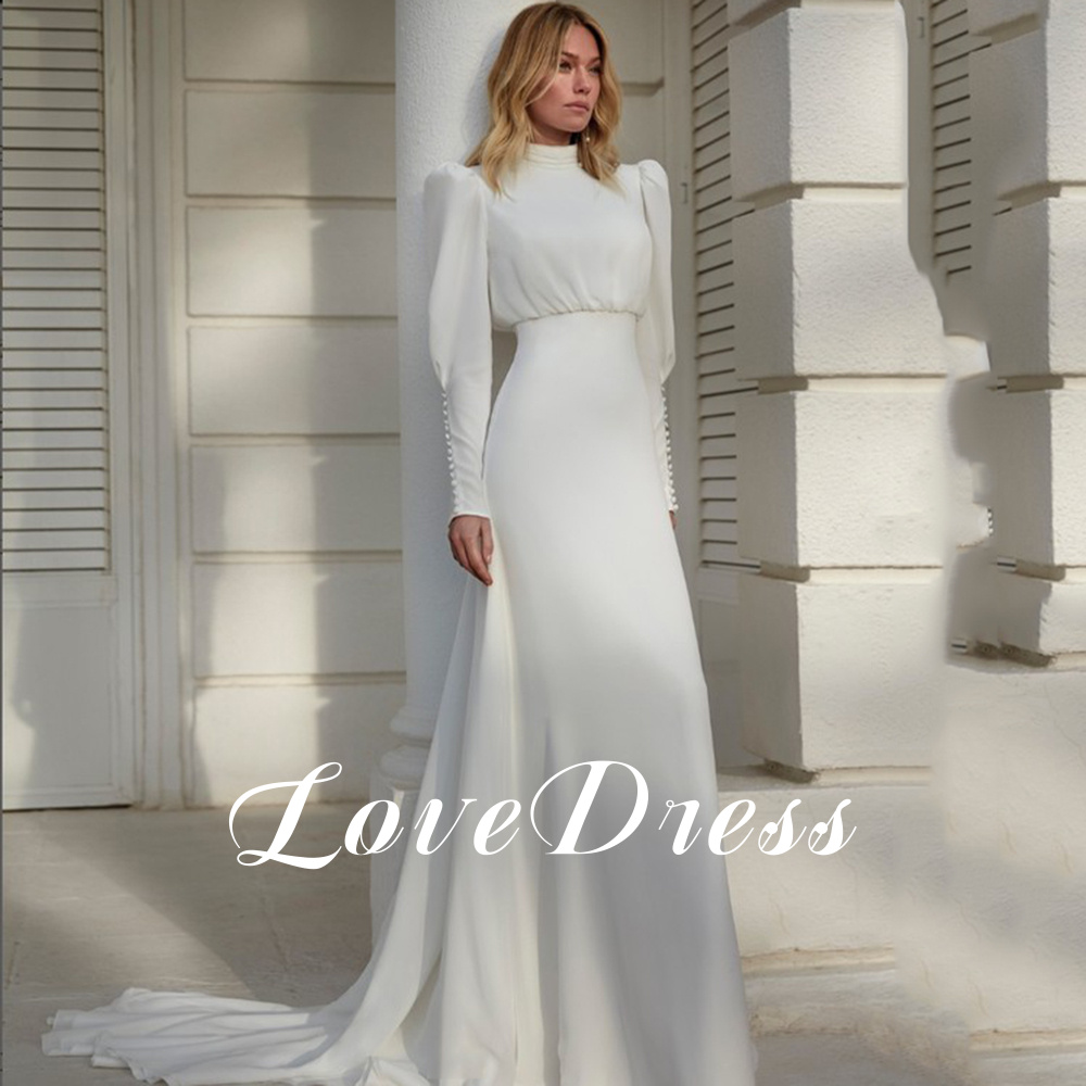 Aangepaste moderne hoge hals witte chiffon trouwjurk vrouwen lange lantaarn mouw plooien schede bruid jurk knop sweep trein