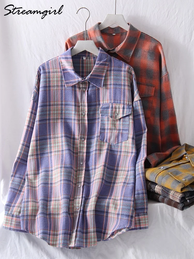 ลายสก๊อตขนาดใหญ่เสื้อผู้หญิงสีฟ้าฤดูใบไม้ผลิหลวม Buttoned เสื้อแขนยาวขนาดใหญ่เสื้อวินเทจ