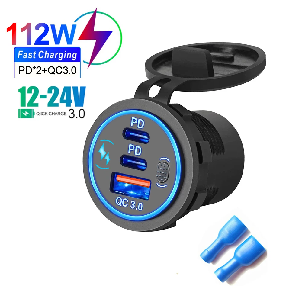 3-портовая розетка для быстрой зарядки с двойной диафрагмой PD и QC 3,0, 12-24 В, розетка для автомобильного зарядного устройства для мотоцикла, лодки, морского грузовика, квадроцикла