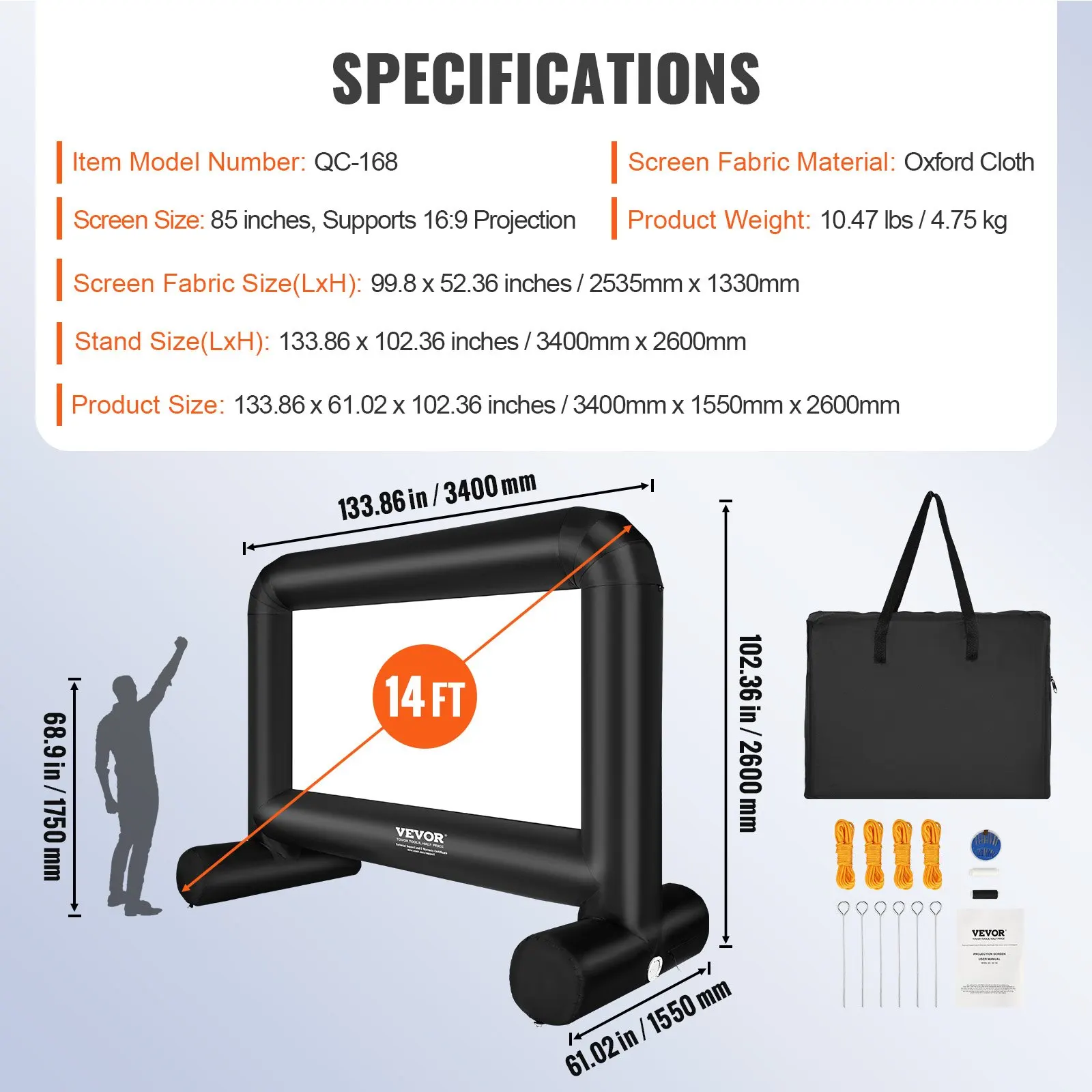 Inflatable Movie Screen, 14 FT  168inch Inflatable Projector Screen For Outside With Blower And Carrying Bag, Front Rear