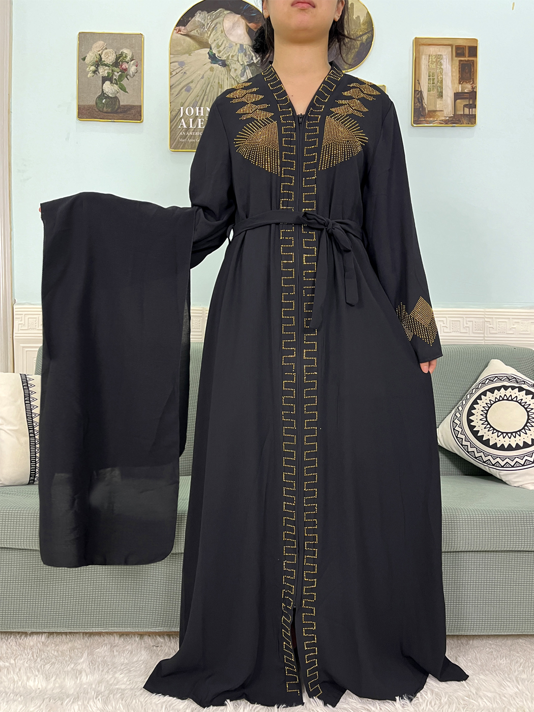 Abayas musulmanas de gasa para mujer, bata holgada de Dubái islámica para mujer, bata de manga larga con tachuelas de diamantes, Color sólido con cinturón turbante 2024