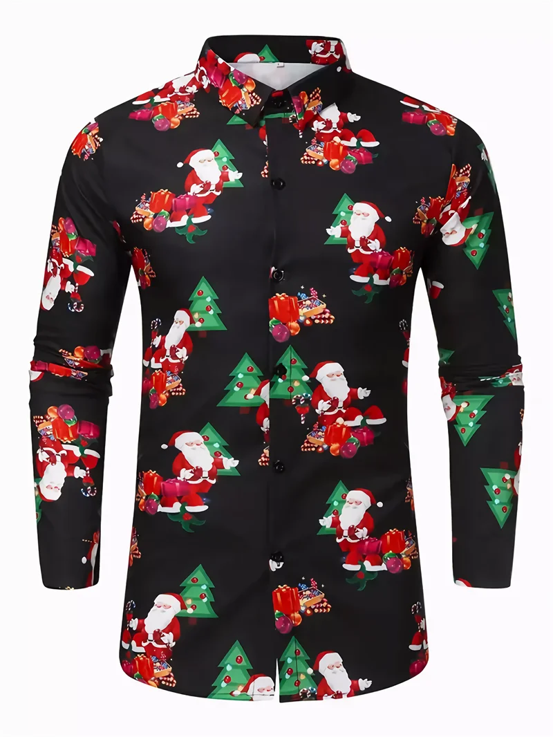 Camisa clásica con elementos de nieve navideños, camisa estampada de manga larga para hombre, camisa informal de moda, transpirable y cómoda para hombre
