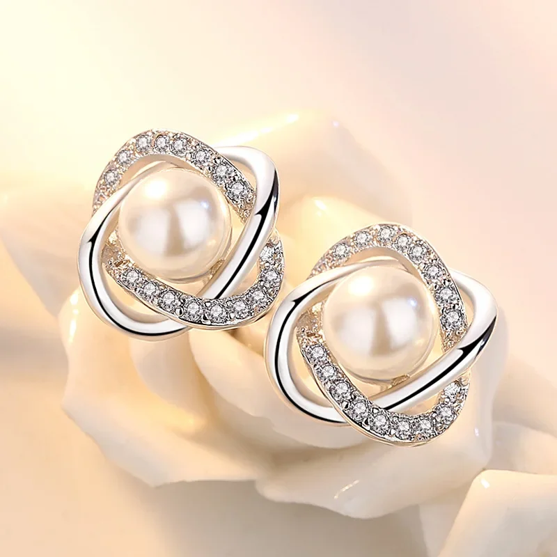 Cao Cấp Bạc 925 Kim Bông Tai Zircon Ngọc Trai Xoắn Cao Cấp Bông Tai Nữ D'oreille Pendientes Bijoux