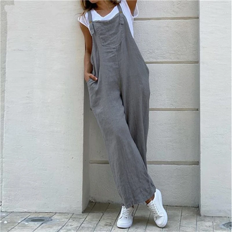Mono de verano para mujer, mono de Color sólido, pantalón largo informal, bolsillos, botón, pierna ancha, correa, monos sueltos
