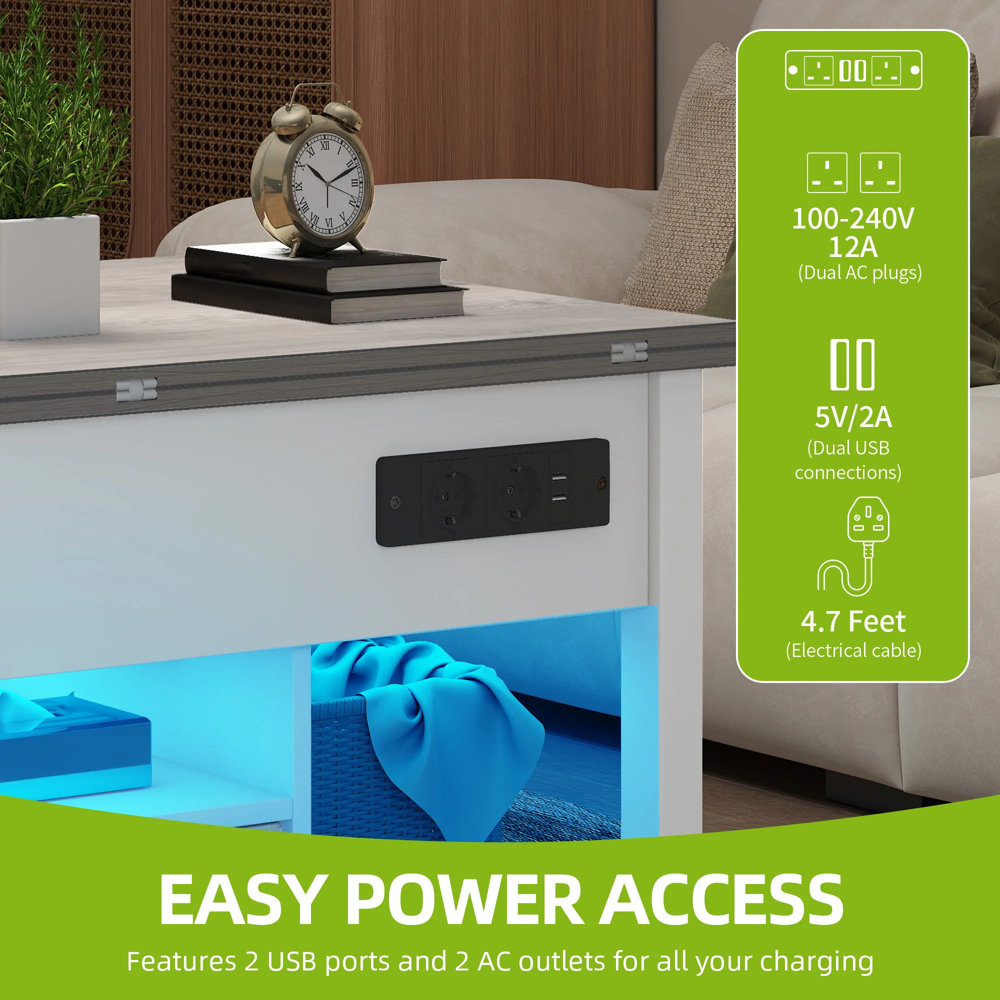 YITAHOME Table basse 4 en 1 blanche et grise – Hauteur réglable, convertit en table à manger avec rangement et éclairage LED