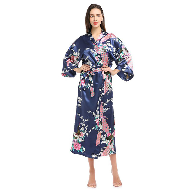 Batas tipo kimono de satén de seda para mujer, ropa de dormir larga, bata con estampado Floral de pavo real, albornoz para fiesta, boda, dama de honor