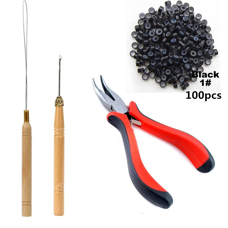 I-Tip Haarverlängerungs-Werkzeug-Set mit Zange, Zughaken, Perlengerät, 100 Stück, 5 mm, Mikroglieder, Ringe, Perlen, Haarverlängerungszubehör