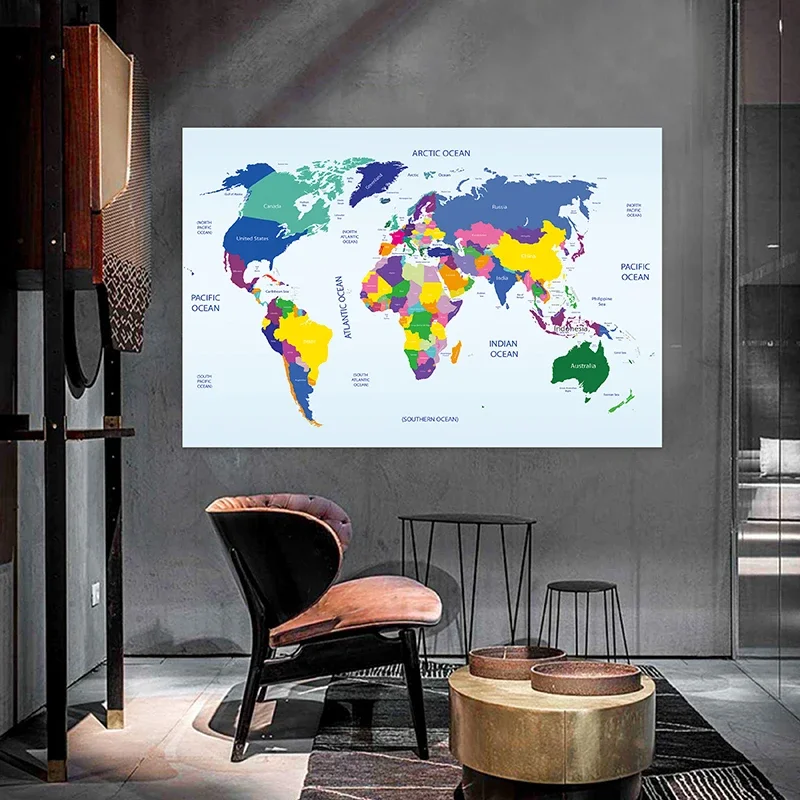 Mapa del mundo, pintura de pared de 100x70cm, lienzo no tejido, póster artístico, impresiones decorativas modernas, suministros de estudio para habitación, oficina y escuela