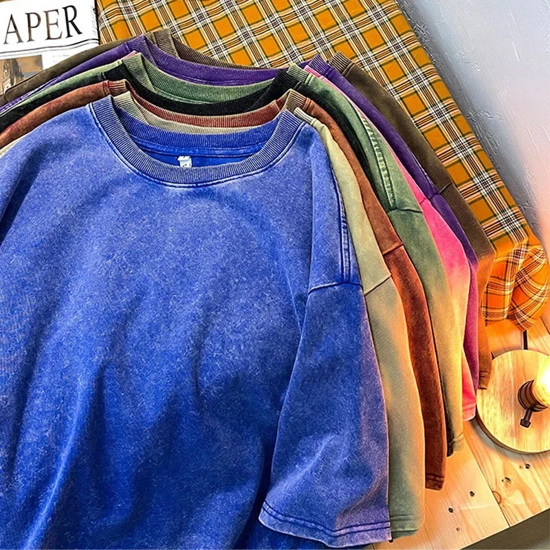 230G Cotone Americano T-shirt di grandi dimensioni Uomo Estate Abiti vintage Lavati T-shirt Casual Manica corta Basic Maschile Top