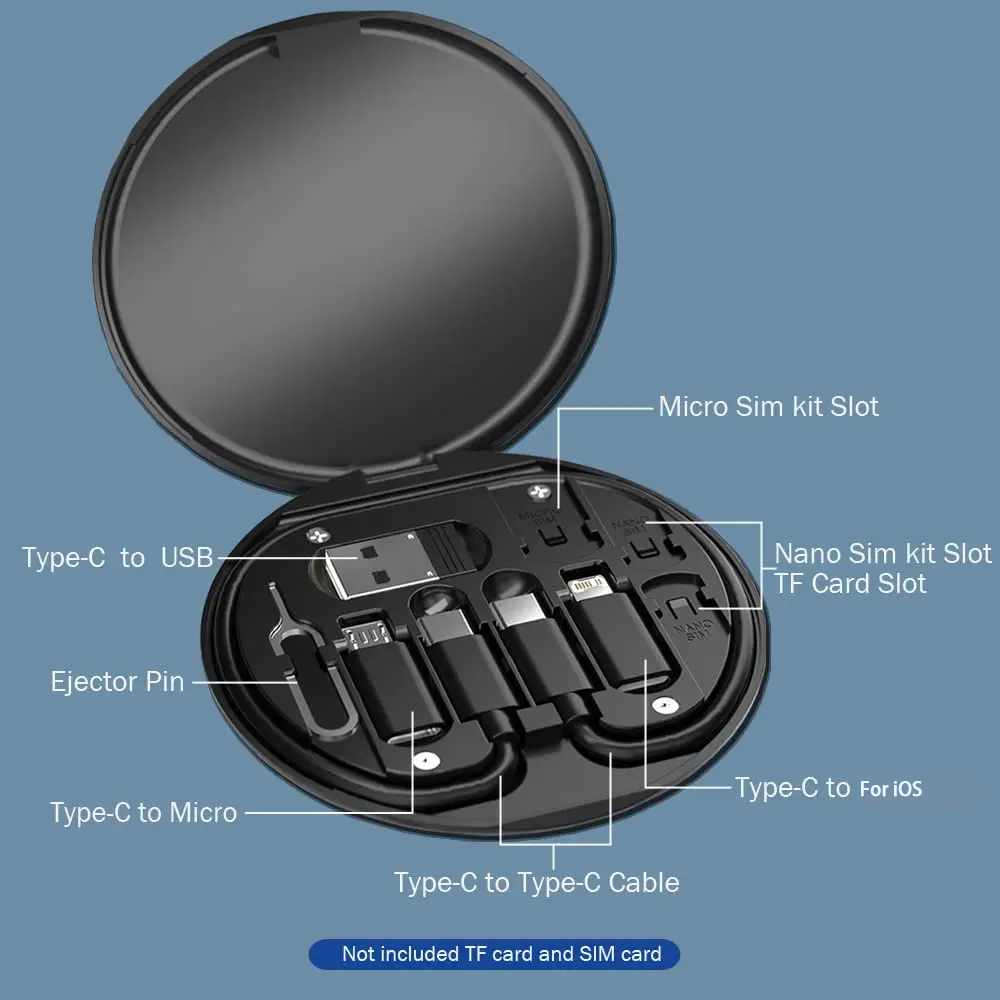 Multifuncional USB Tipo C Cabo de Dados Set, Carregamento Rápido para iPhone, Xiaomi, Carregador Caixa De Armazenamento, Cartão Adaptador, Pin Travel Box, PD, 60W