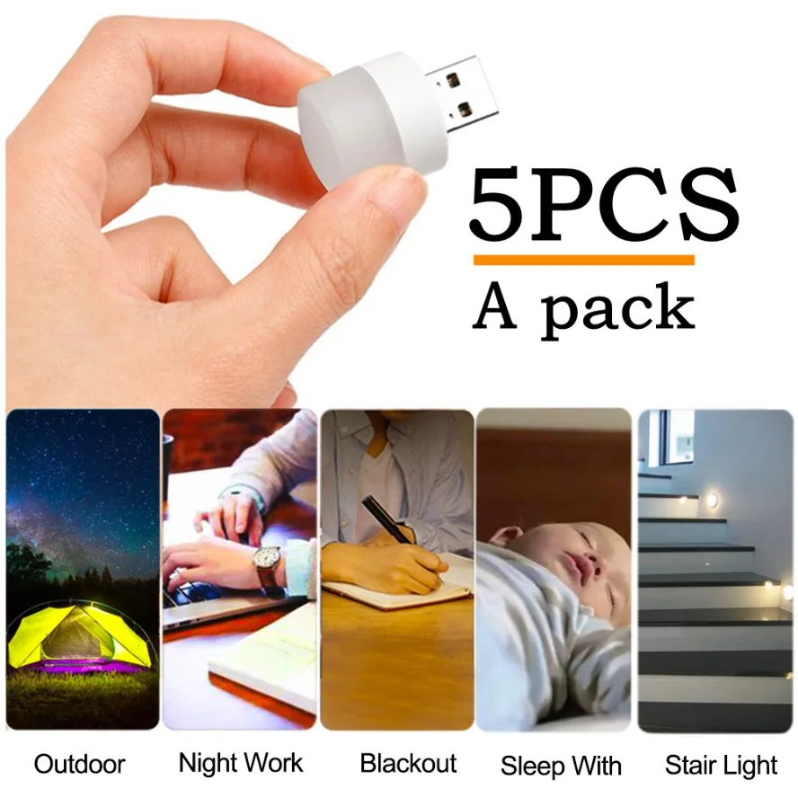 5 Pcs USB LED Plug Lamp 1W Super Bright Warm Eye Protection USB Book Light Computer Mobile Power Charging USB LED Night Light