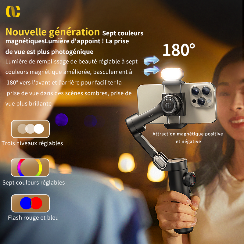 AOCHUAN stabilisateur de cardan portatif 3 axes pour Smartphone avec lumière de remplissage pour iPhone Android suivi du visage Tiktok Vlog Smart XE