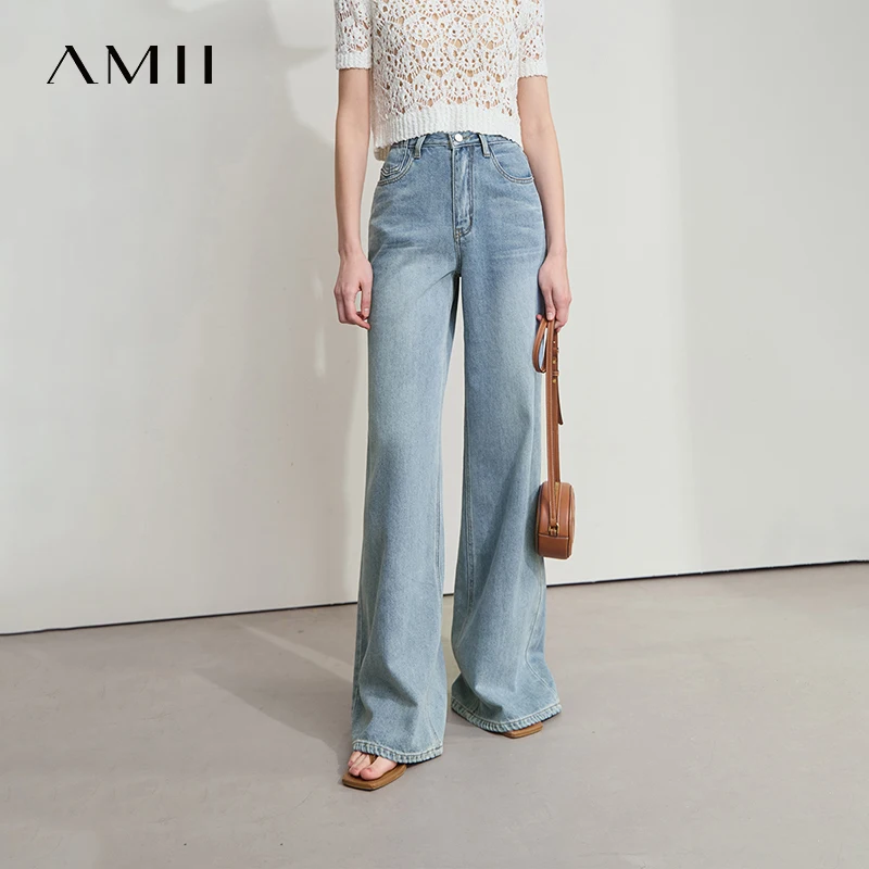 AMII Minimalistische blaue Jeans für Damen, 2025, Herbst, neue vielseitige Denim-Hose mit weitem Bein, niedrige Taille, dünne, lässige, lockere Hose 12542121