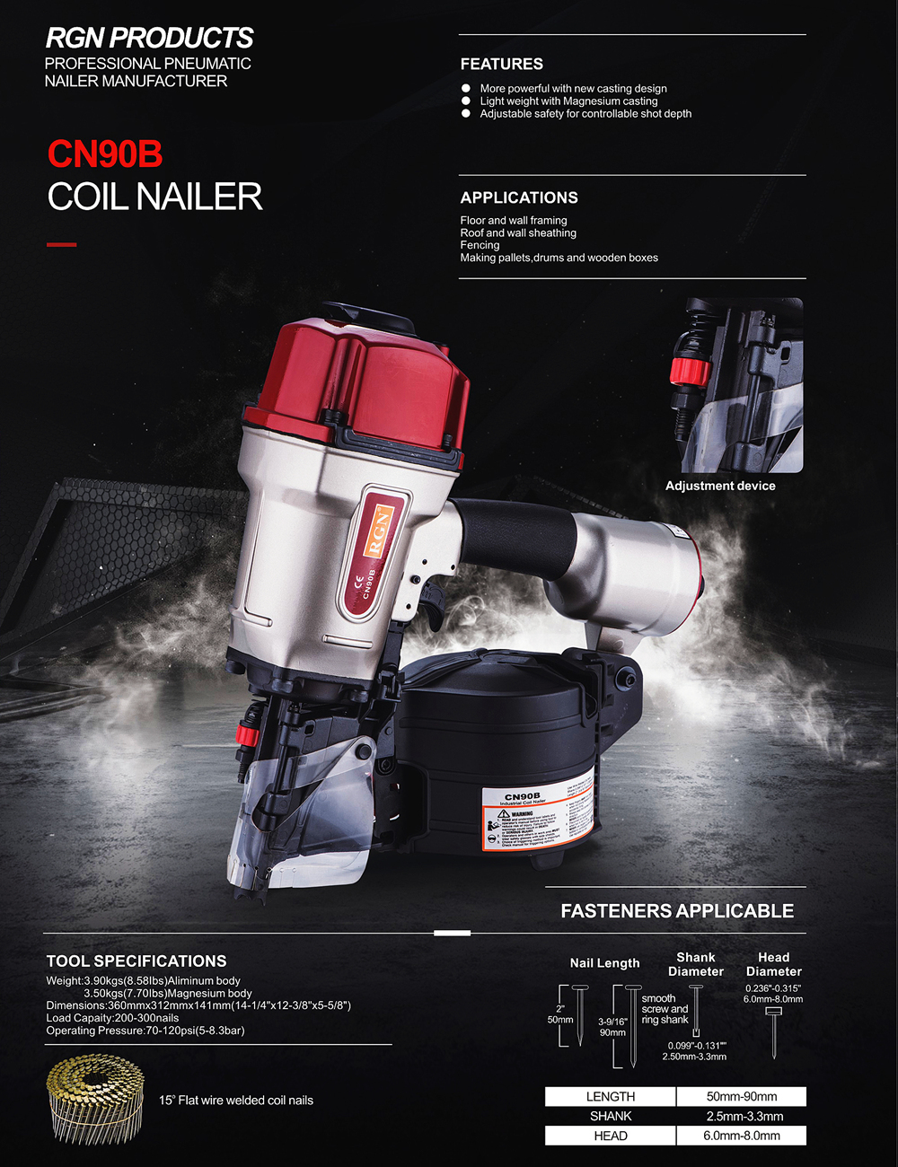 Clavadora de bobina CN90 y CN90B para clavos de 50-90mm, palés de servicio pesado y Crating work MAX, diseño de EE. UU.