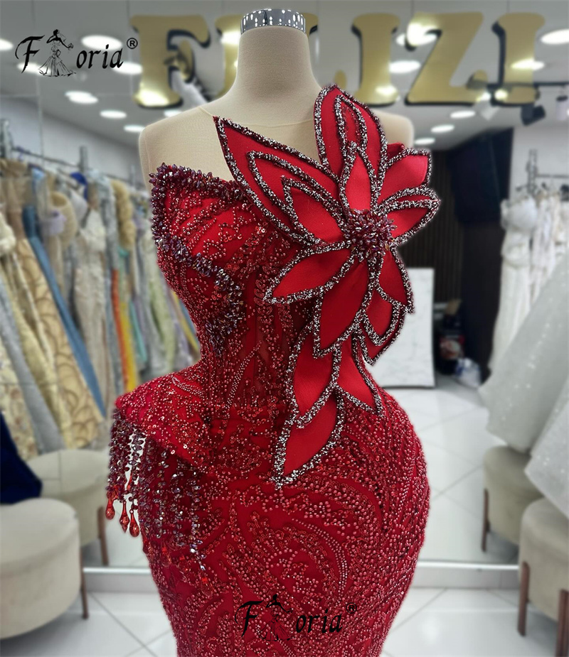 ชุดราตรีนางเงือกสุดหรูสีแดงชุดเดรสปาร์ตี้งานแต่งงานงานตัดเย็บด้วยลูกปัด3D