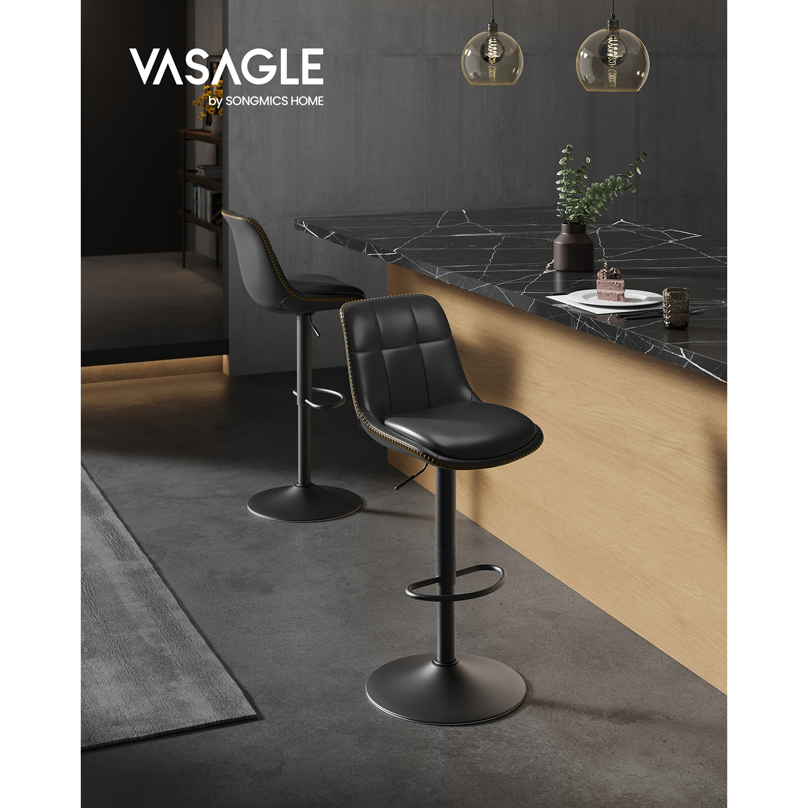 VASAGLE Juego de 2 Taburetes de Bar, Sillas Altas Giratorias Regulables en Altura, Acolchado PU, Sillas de Cocina con Respaldo y Reposapiés, Comedor, Mostrador, Acero, Negro Tinta/Verde Bosque/Gris Paloma/Marrón Caramelo