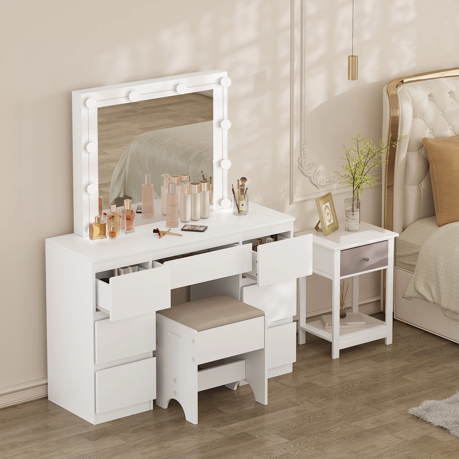 Toeletta Vanity con illuminazione a LED Luminosità regolabile Tavolo cosmetico Specchio grande 7 cassetti per camera da letto per ragazze e donne
