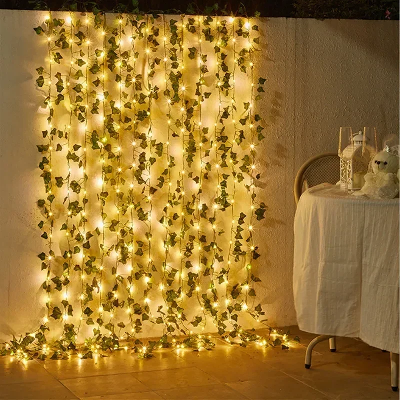 10M Green Leaf String Lights Powered By Artificial Batteries, Christmas Tree Wreath Lights Used for Courtyard Home Decoration