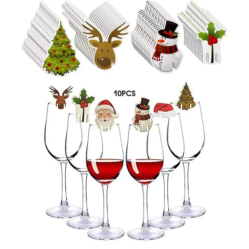 10 unid/set Tarjeta de copa de vino Decoración navideña Sombrero de Papá Noel Decoración de vidrio Árbol de Navidad Muñeco de nieve Decoración del hogar Decoración 2025 Accesorios de Año Nuevo