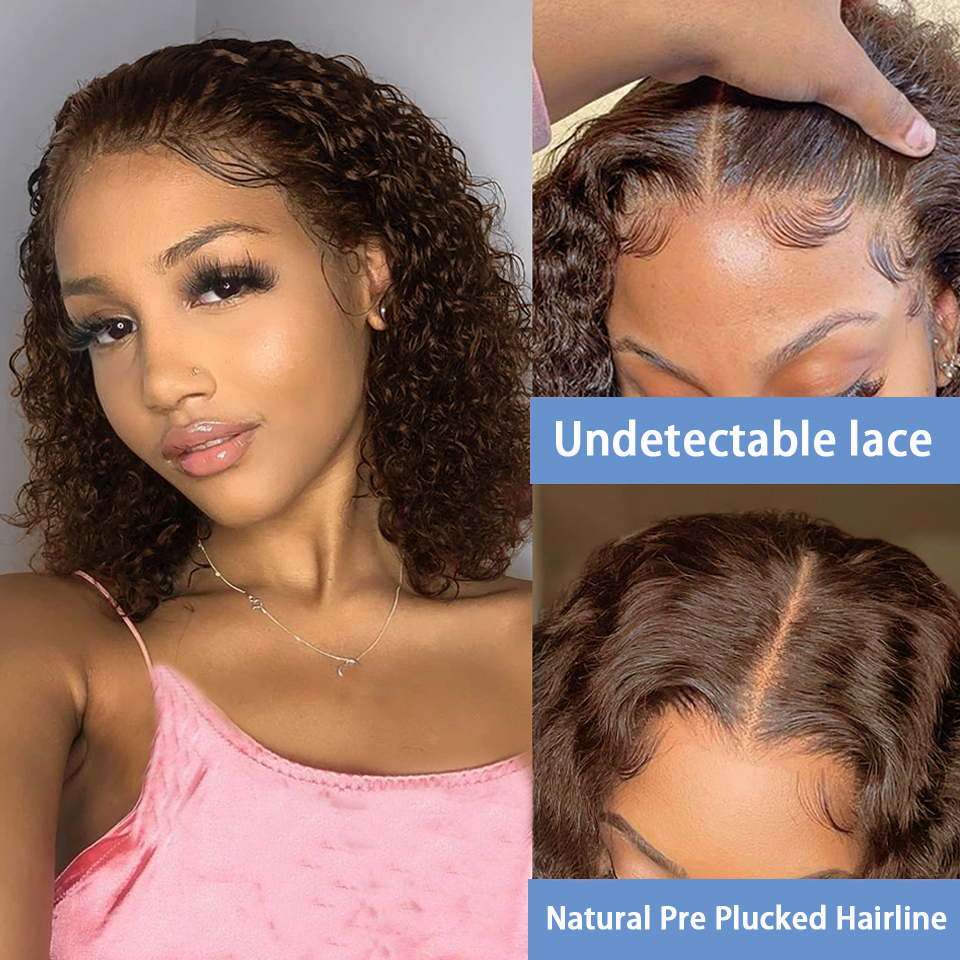 ディープウェーブショートボブヘアウィッグ、ダークブラウン、チョコレートカラー、ブラジアンヘア、透明レースフロントウィッグ、レミ、ウォーターカーリー、13x4