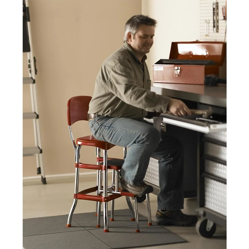 COSCO Retro Counter Chair/Step Stool, Sliding, Red