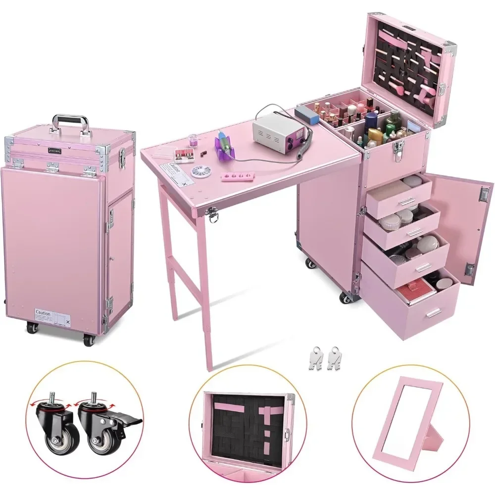Manicure Table Foldable Nail Table Makeup Train Case with Desk Cosmetic Trolley Travel Storage Organizer with Drawers Mirror