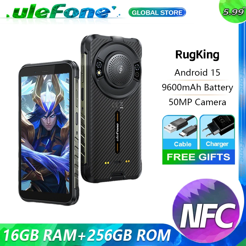 【Estreia mundial】Ulefone RugKing 4G Telefone robusto Android 15 até 16GB + 256GB Smartphone à prova d'água 9600mAh NFC versão global