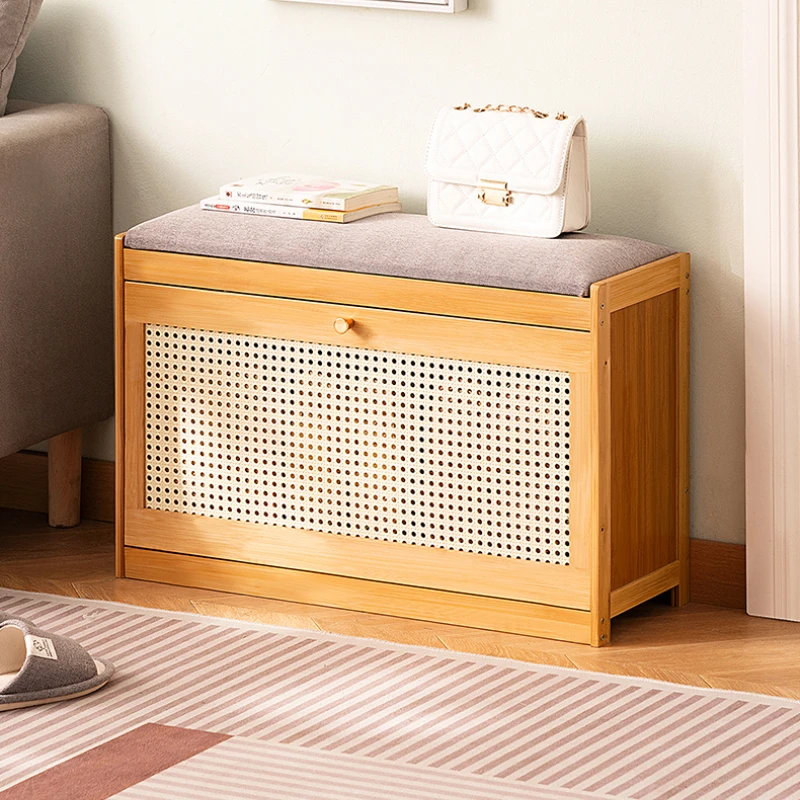 Flip-Top Shoe Cabinet Ultra-Thin Home Entryway Shoe Bench Bamboo Multi-Layer Shoe Rack Indoor Breathable Shoe Storage